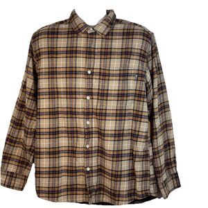 Eddie Bauer Button Up Shirt Men L Blue Brown Plaid Collared Long Sleeve Normcore